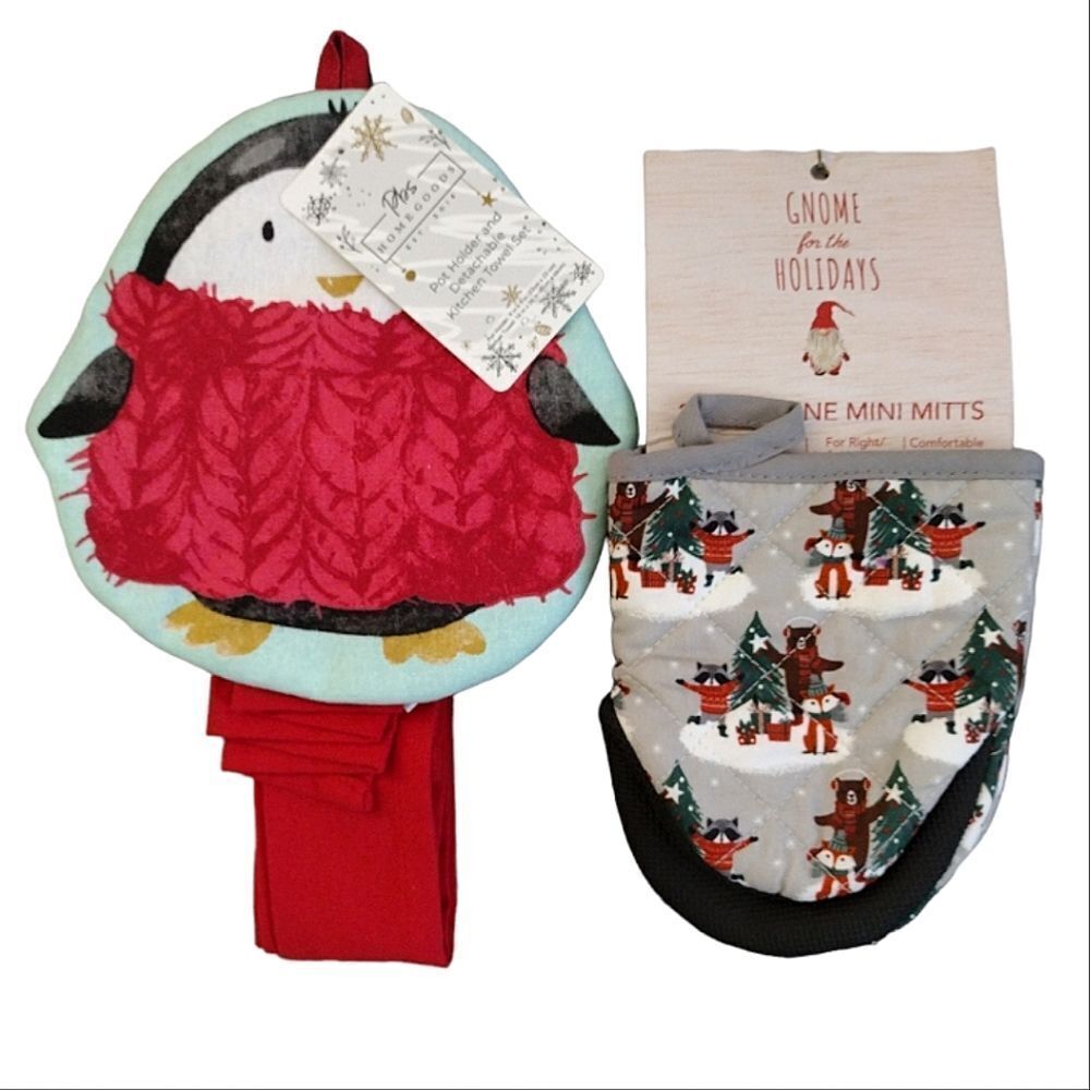 Christmas Themed Pot Holder Towel Set & Mini Mitts Kitchen Bundle NWT